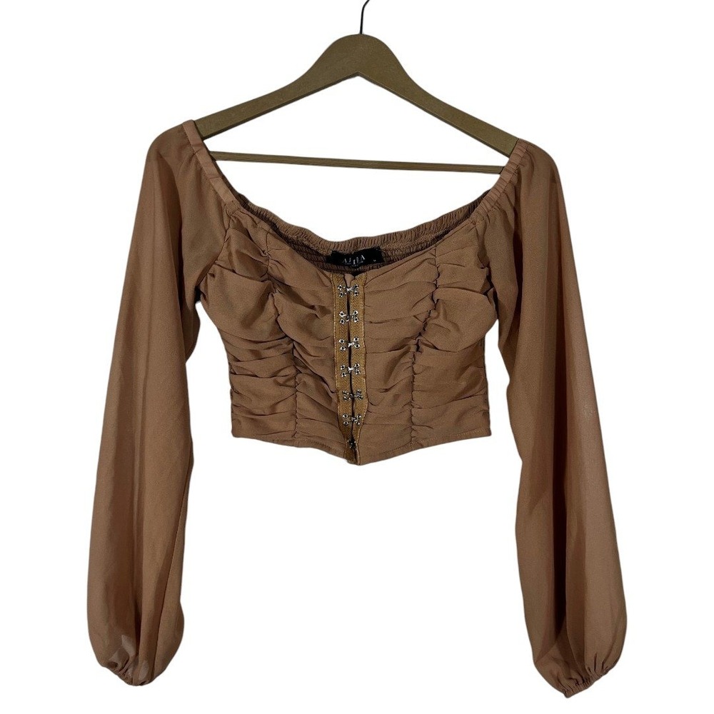 Akira Ruched Hook and Eye Chiffon Crop Top Solid Tan Boho Romantic Size M